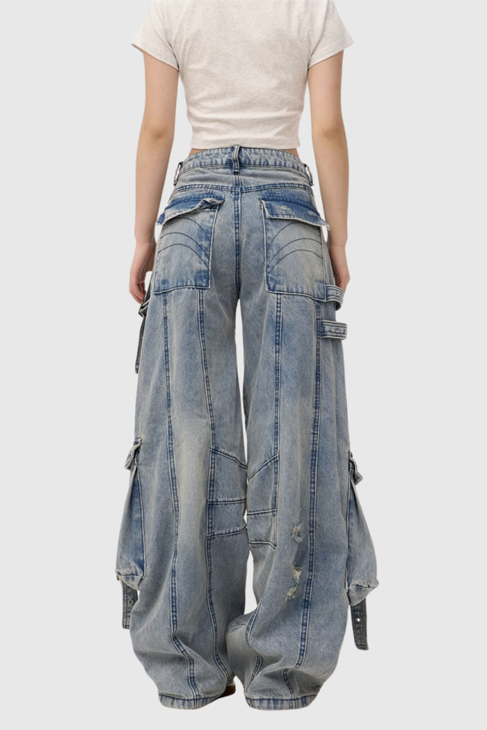 Arella Ripped Asymmetric Wide Cargo Jeans