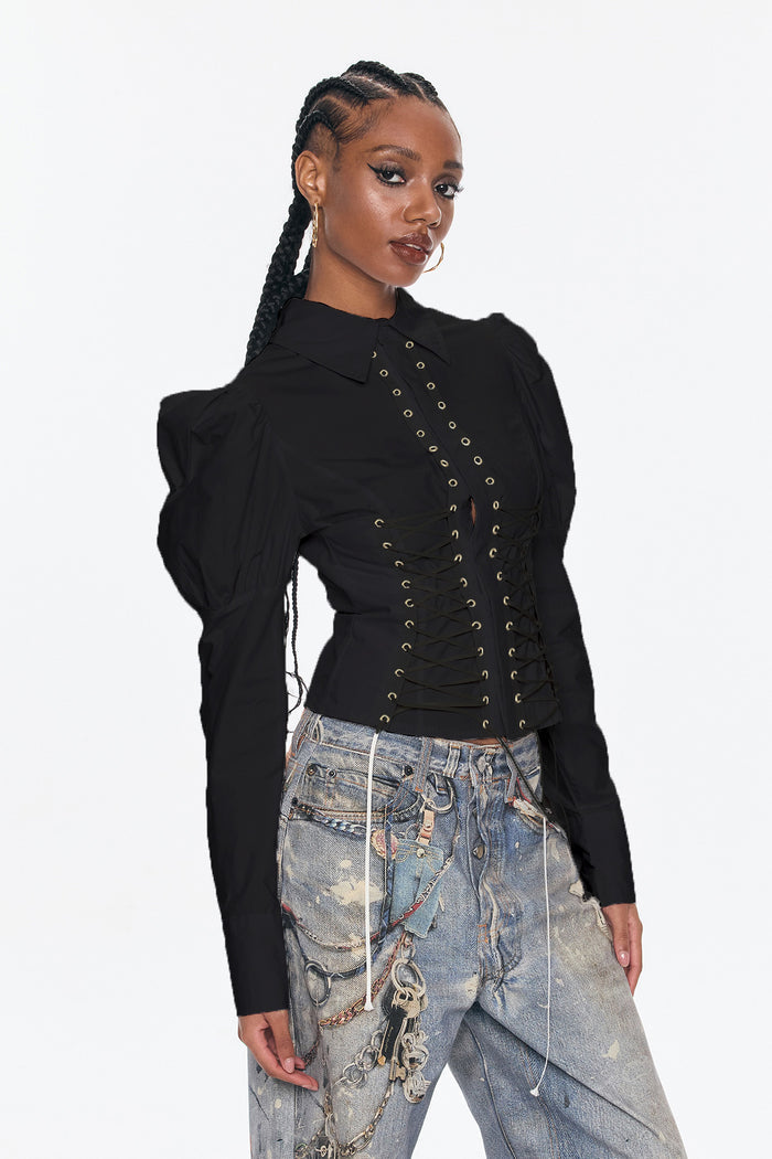 Belvedere Lace Up Puff Sleeve Top In Black