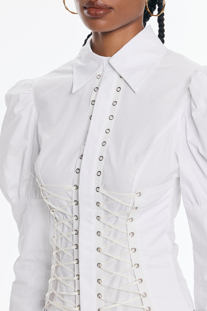 Belvedere Lace Up Puff Sleeve Top In White