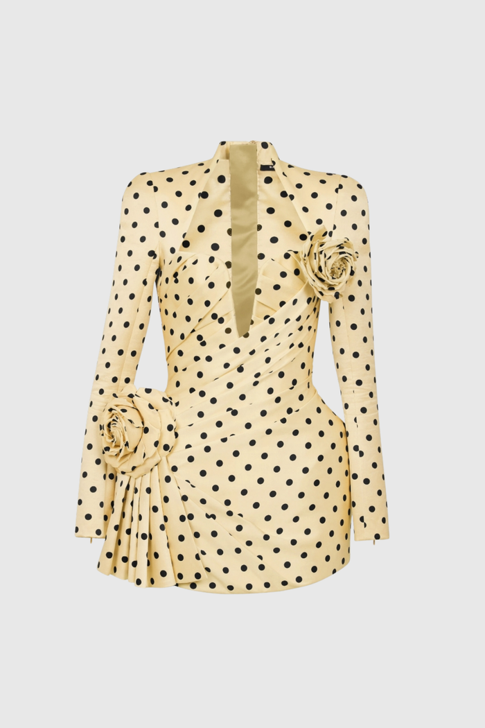 Biaggio Dot Flower Ruch Mini Dress In Yellow