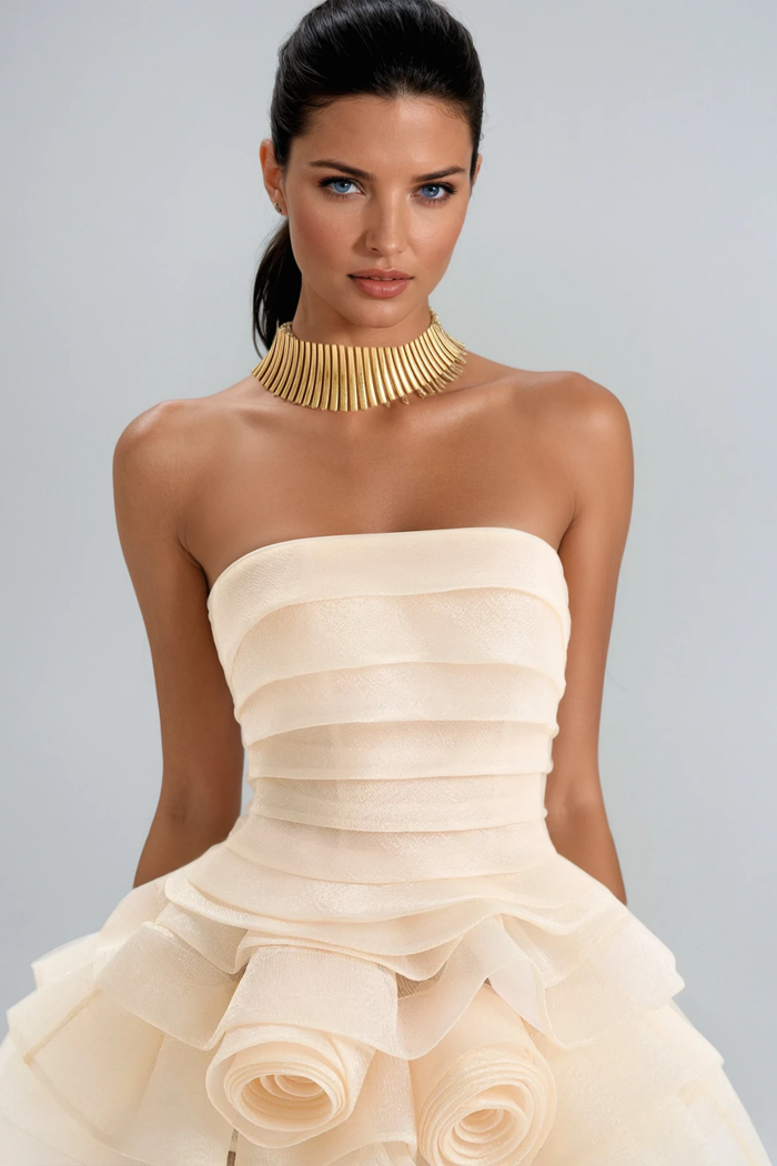 Davit Strapless Flower Ruffle Mini Dress
