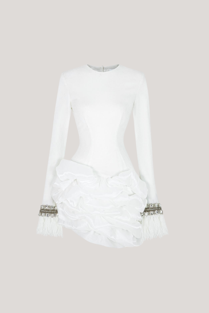 Dayo Fringe Crystal Mini Dress In White