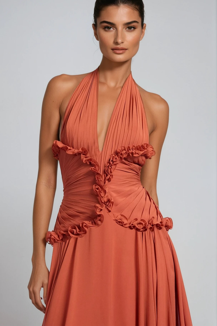 Dekel Halter Neck Ruffle Maxi Dress In Orange