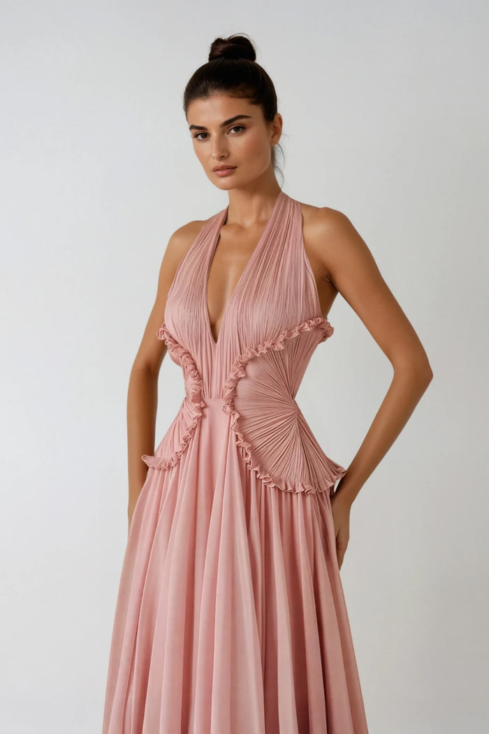 Dekel Halter Neck Ruffle Maxi Dress In Pink