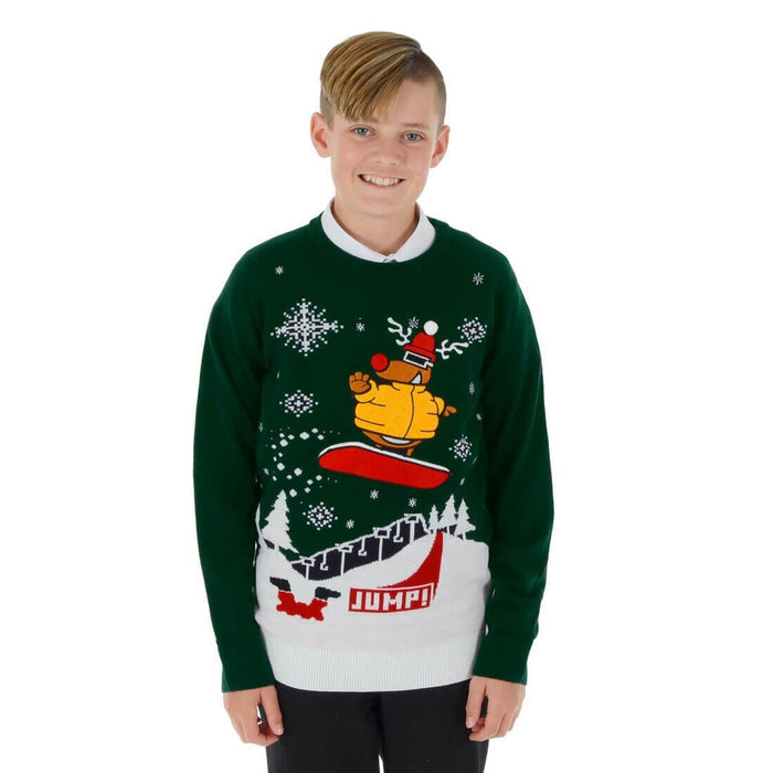 Kids Snowboarding Rudolph Christmas Jumper Snowflakes Fun Dark Green / 5-6