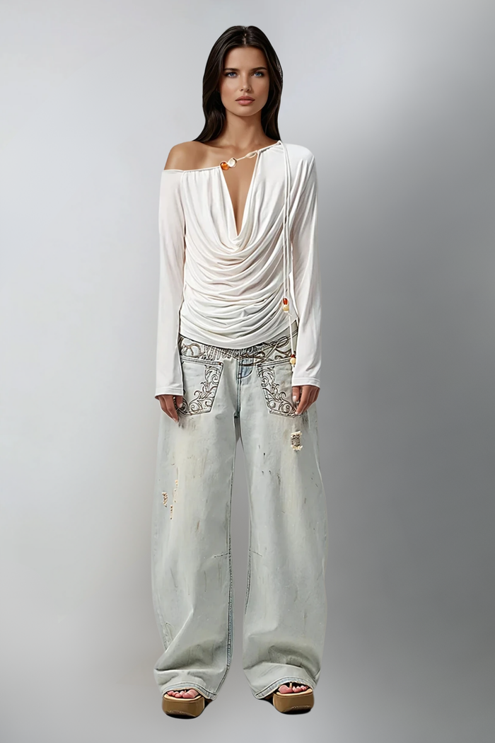 Zain Asymmetric Ruch Cowl Neck Top
