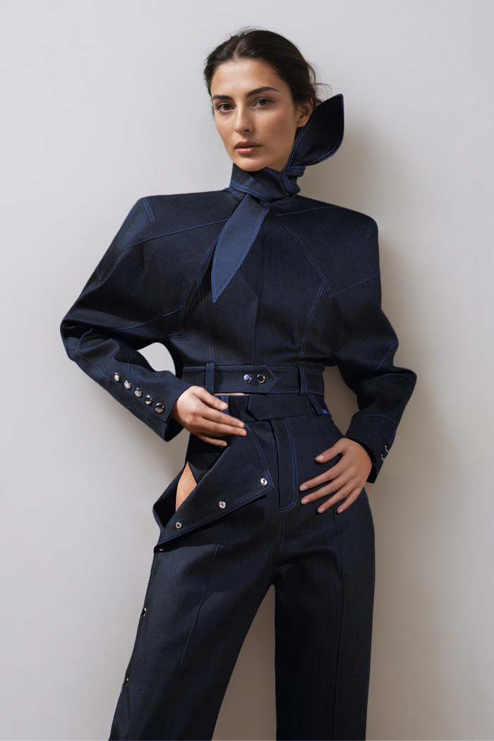 Adia Lace Up Buckle Denim Pants Set In Blue