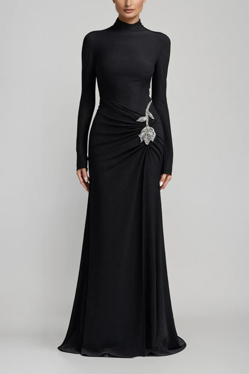 Adobe Long Sleeve Rhinestone Flower Maxi Dress In Black