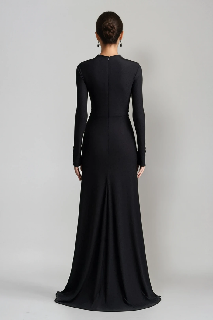 Adobe Long Sleeve Rhinestone Flower Maxi Dress In Black