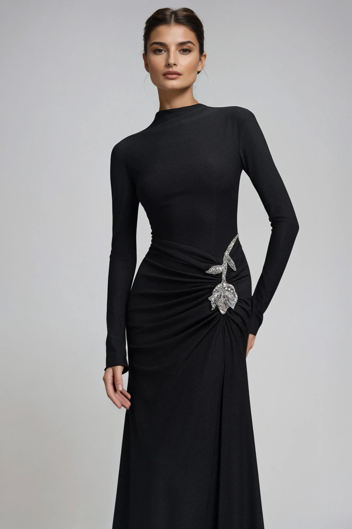 Adobe Long Sleeve Rhinestone Flower Maxi Dress In Black