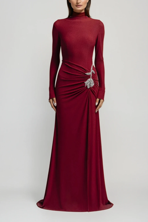 Adobe Long Sleeve Rhinestone Flower Maxi Dress In Red