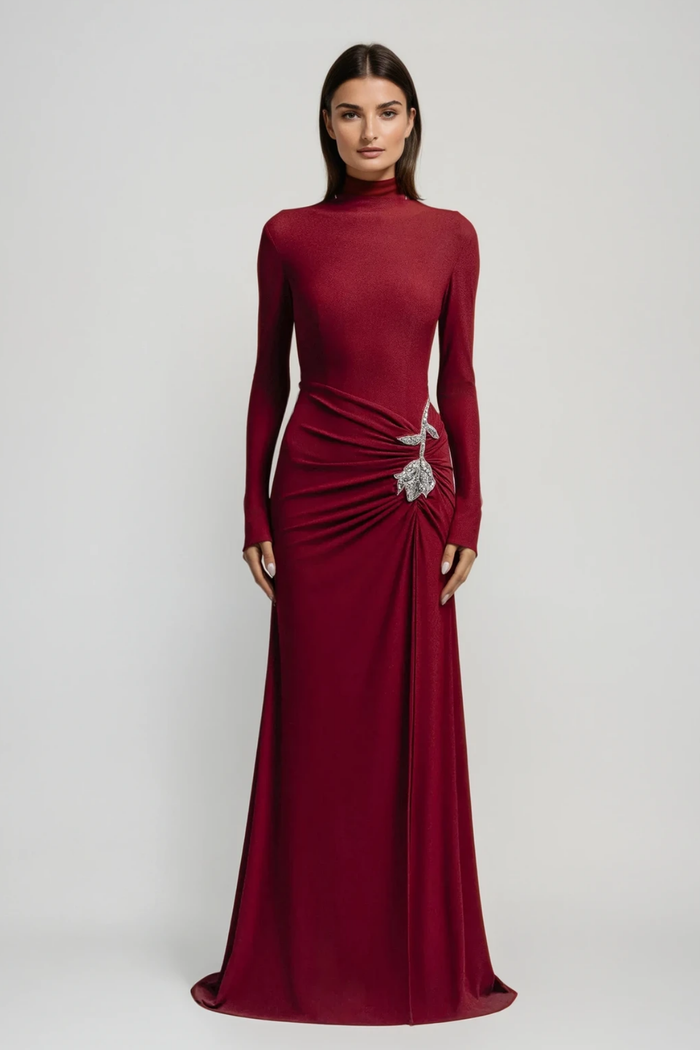 Adobe Long Sleeve Rhinestone Flower Maxi Dress In Red