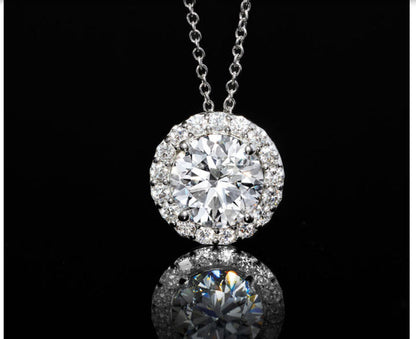 AGI Certified Lab-Grown Diamond Halo Pendant Necklace in 14kt White Gold – 1 CTW or 2 CTW