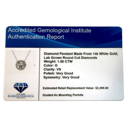 VossAgin - AGI Certified Lab-Grown Diamond Halo Pendant Necklace in 14kt White Gold – 1 CTW or 2 CTW - 1 CTW