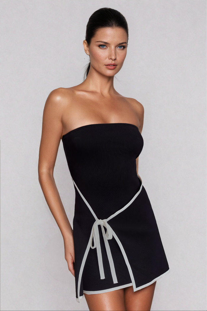 Ainsley Strapless Lace Up Knit Mini Dress In Black