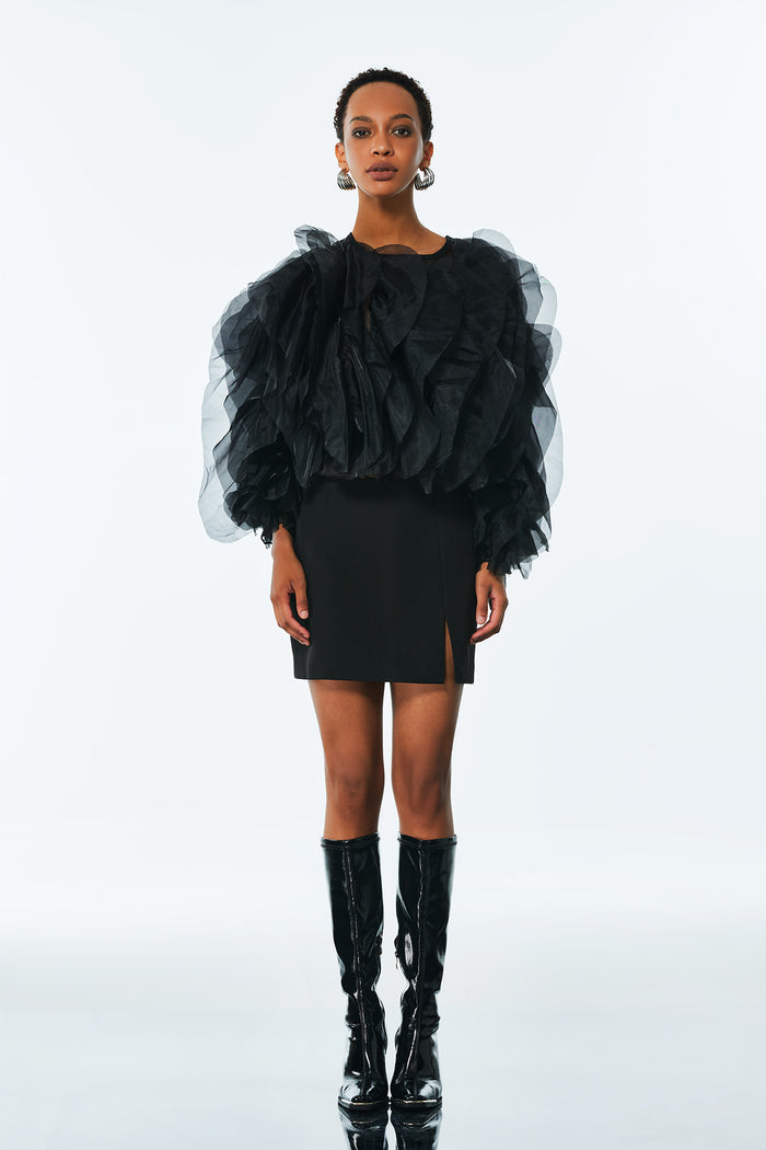 Amarine Mesh Ruffle Ruch Shirt In Black