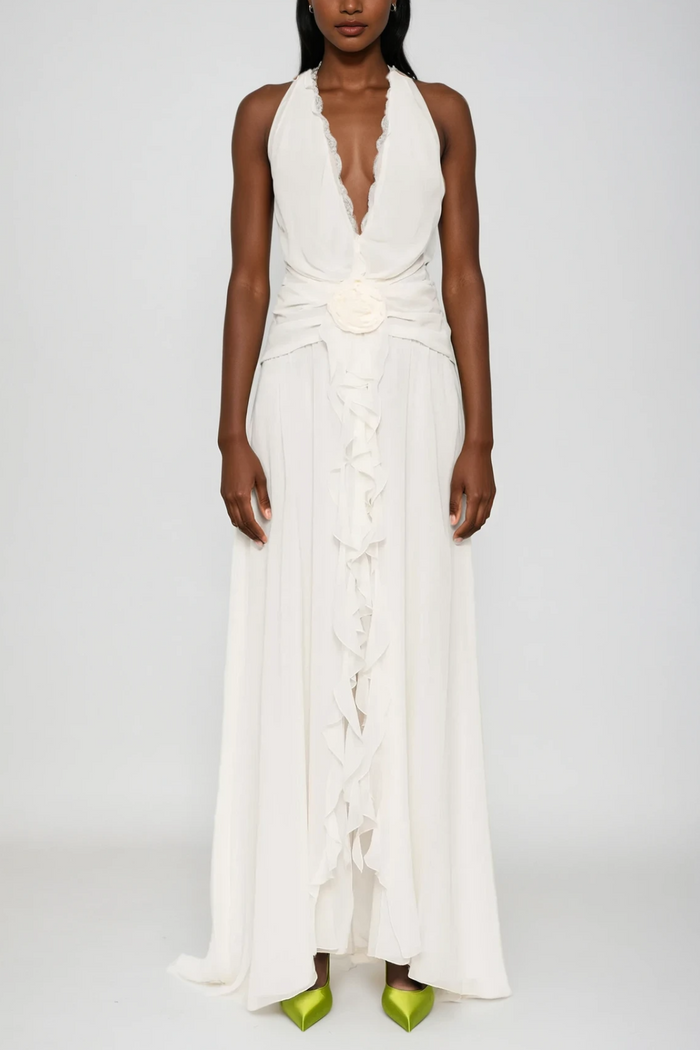 Aradhya Flower Ruffle Halter Neck Mesh Maxi Dress In White
