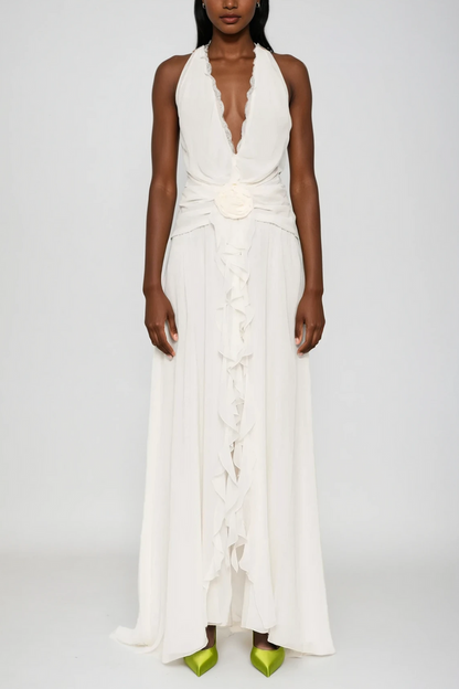 Aradhya Flower Ruffle Halter Neck Mesh Maxi Dress In White