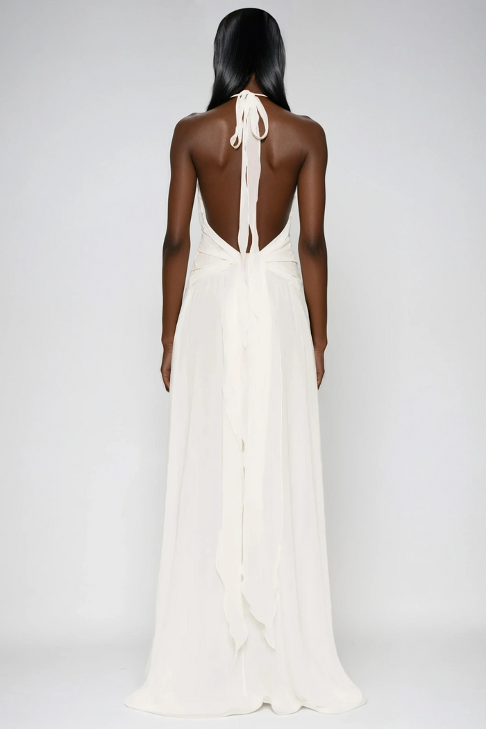 Aradhya Flower Ruffle Halter Neck Mesh Maxi Dress In White