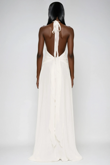 Aradhya Flower Ruffle Halter Neck Mesh Maxi Dress In White