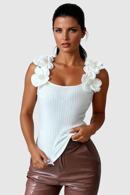 Arduin Flower Sleeveless Pearl Knit Top