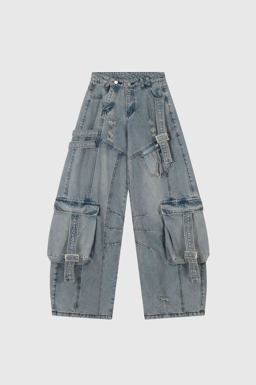 Arella Ripped Asymmetric Wide Cargo Jeans