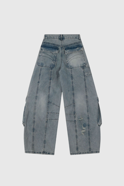 Arella Ripped Asymmetric Wide Cargo Jeans