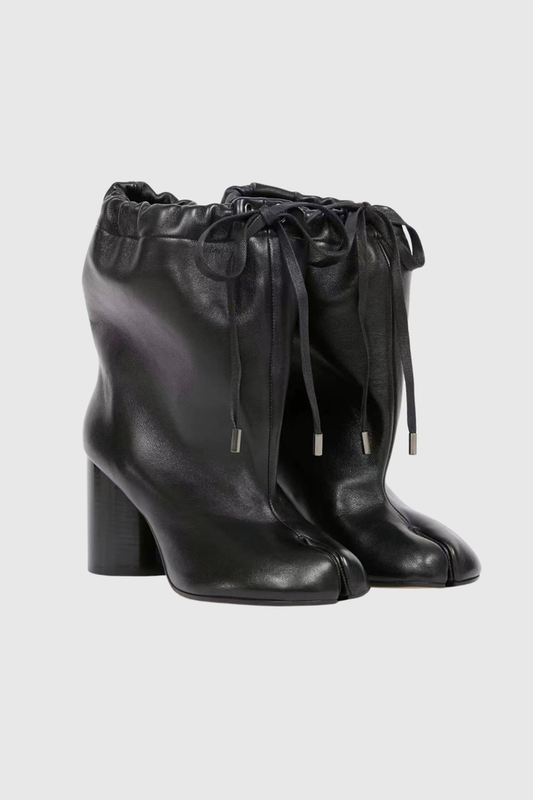 Ariadne Drawstring Lace Up Tabi Leather Boots In Black