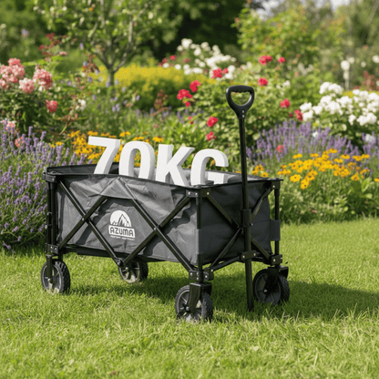 Black folding wagon with gray cover on grass in a garden setting, featuring 'Azuma' branding.