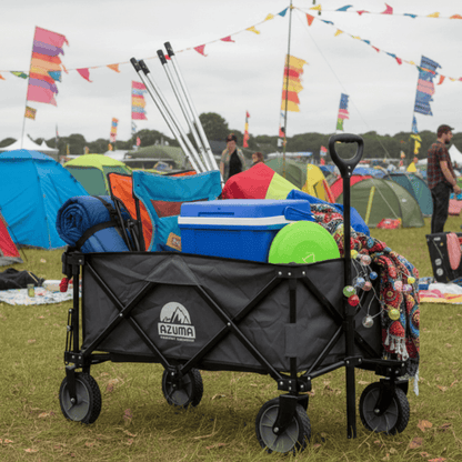 Azuma folding wagon with camping gear at a festival site