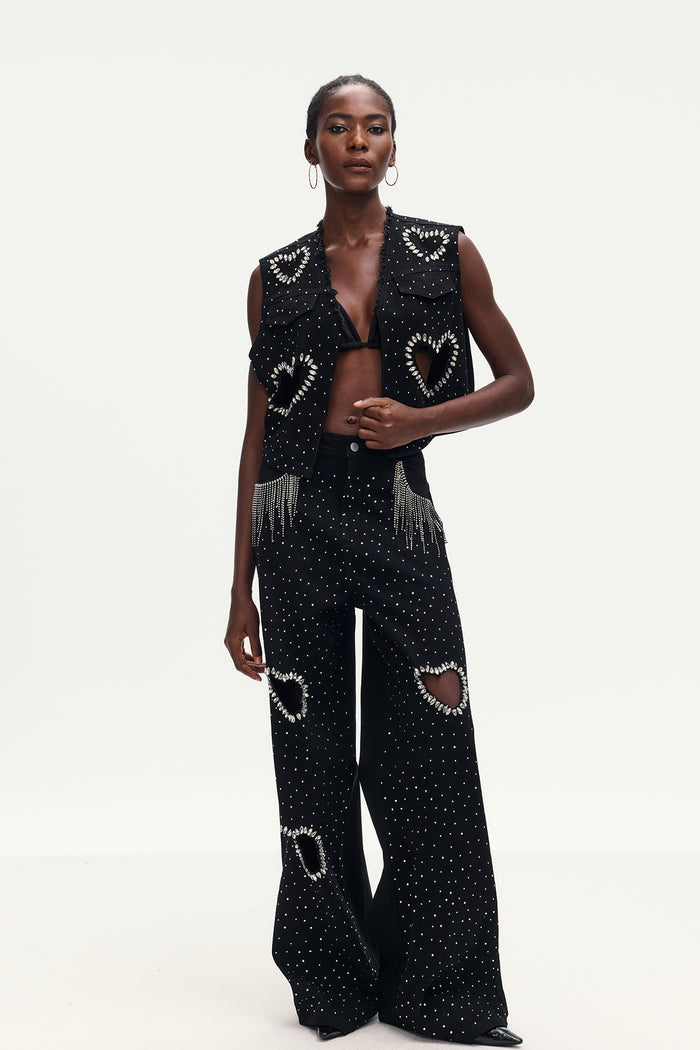 Beat Rhinestone Cutout Love Denim Pants Set