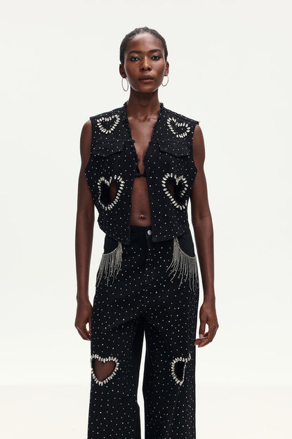 Beat Rhinestone Cutout Love Denim Pants Set