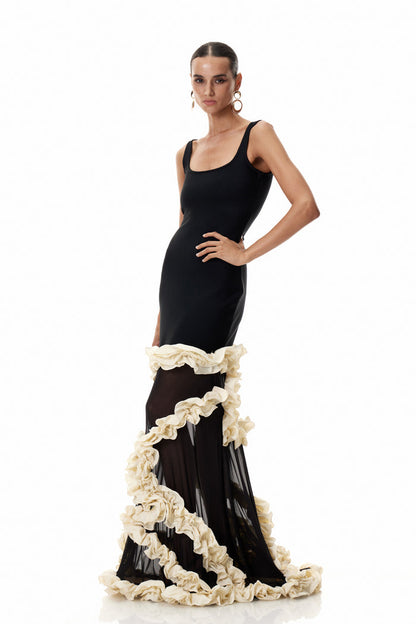 Beckah Mesh Ruffle Asymmetric Maxi Dress
