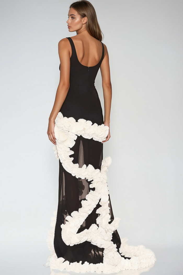 Beckah Mesh Ruffle Asymmetric Maxi Dress