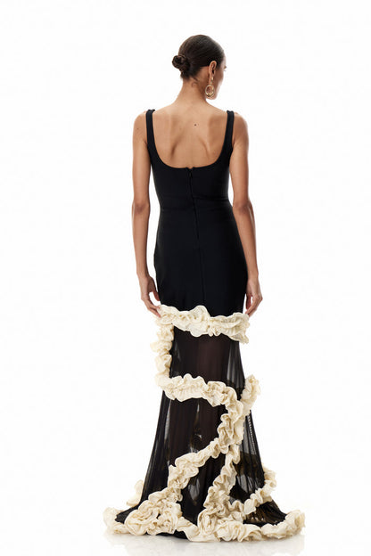 Beckah Mesh Ruffle Asymmetric Maxi Dress