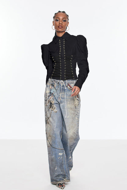 Belvedere Lace Up Puff Sleeve Top In Black