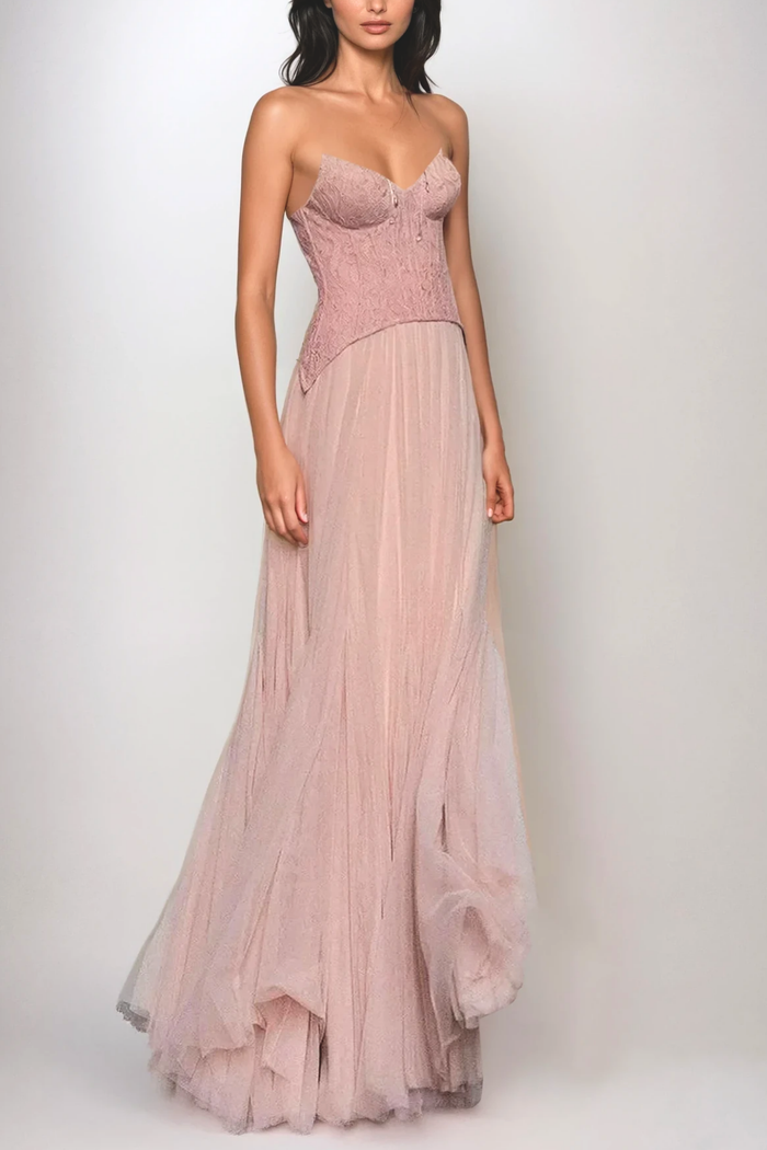 Beppe Lace Corset Tulle Dress In Blush