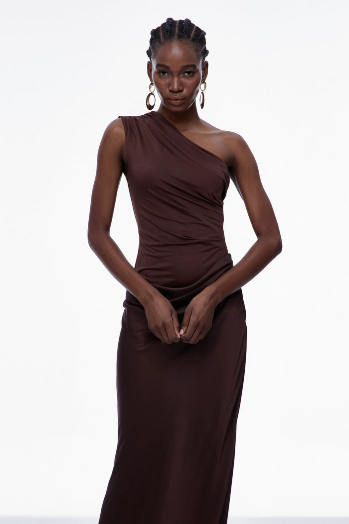 Beres One Shoulder Satin Maxi Dress In Brown