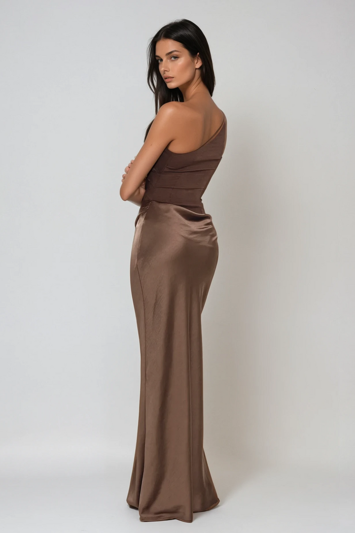 Beres One Shoulder Satin Maxi Dress In Brown