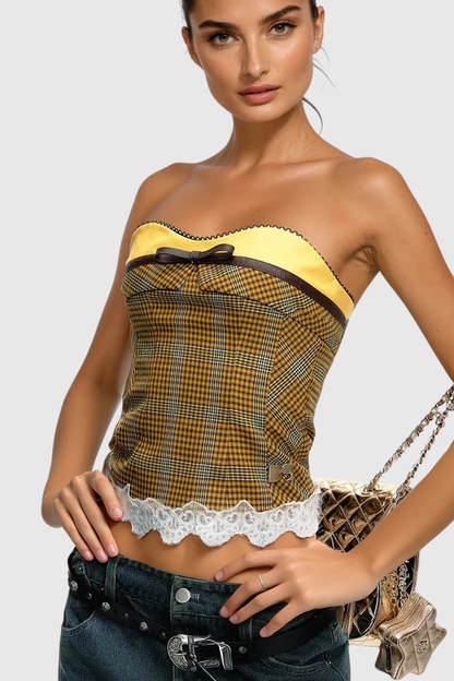 Bernadine Plaid Lace Cropped Top