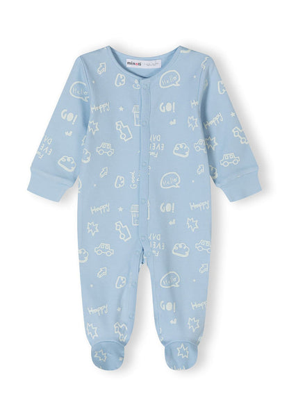 Boys sleepsuit in light blue with printed pattern, front view, features press studs and footed style.