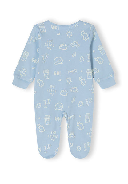 Boys sleepsuit in light blue with printed patterns, back view, footed style.