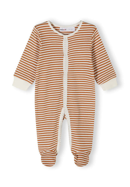 Beige striped boys sleepsuit with footed style, front view, featuring press studs and ribbed cuffs.