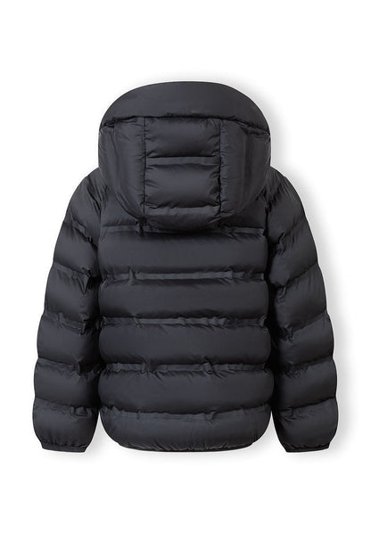 Boys lightweight black hooded jacket, back view with puffy design.