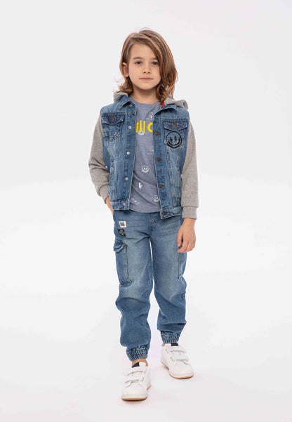 Denim Jacket with Fleece Hood, Light Blue - 1