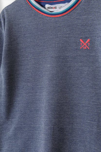 Pique Crew Neck T-Shirt, Blue Two Tone, Striped Trim - 4