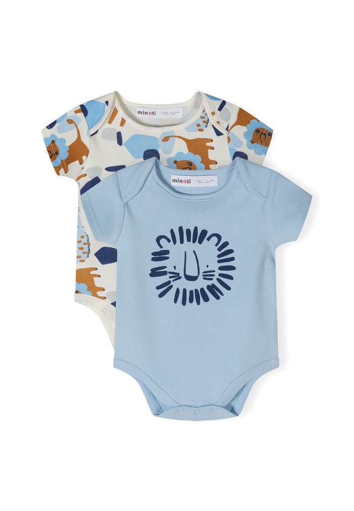 Two short sleeve bodysuits for boys, one light blue with lion print, one patterned.
