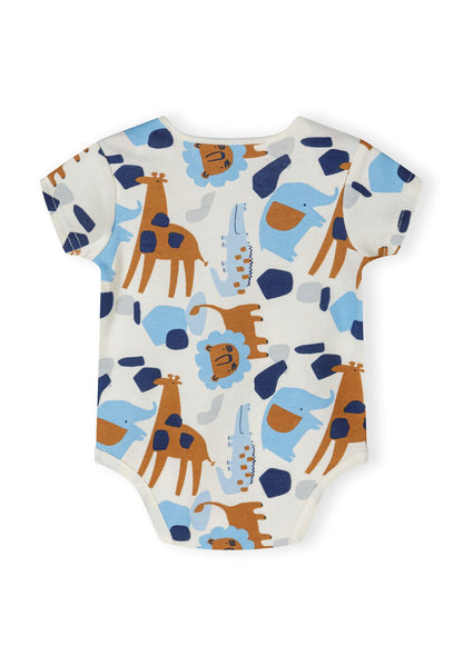 Boys short sleeve bodysuit in light blue with animal print, back view.