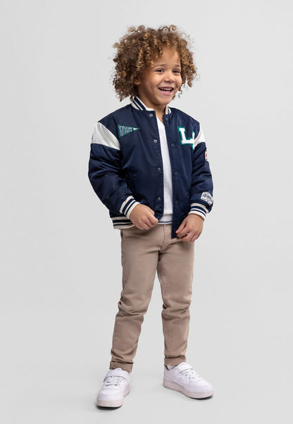 Boys navy padded varsity bomber jacket, front view with snap fasteners and side pockets.
