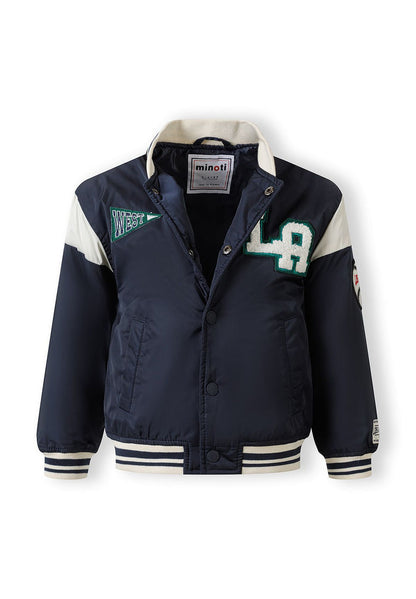 Boys navy padded varsity bomber jacket, front view with snap fasteners and two side pockets.